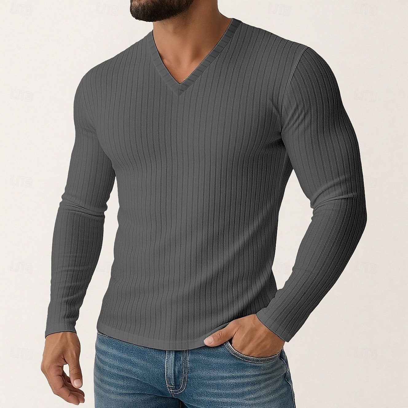 Herren T Shirt Geripptes Strick-T-Shirt T-Shirt Langarmshirt Langarm V Ausschnitt Frühling Herbst Winter Einfach Grubenstreifen Mode Designer Basic Stricken Urlaub Straße Lässig Schwarz Weiß Violett 2025 - $18.99 –P5