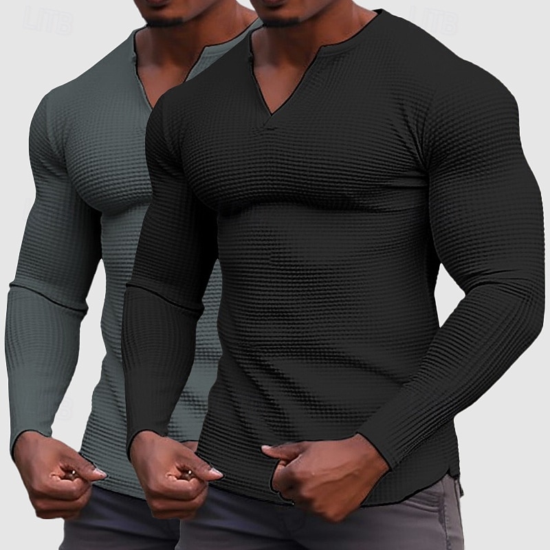 Homens Camisa Waffle Camiseta T-shirt Camisa de manga longa Manga Longa Decote V Henley Primavera & Outono Todas as Estações Tecido Moda Designer Básico 2 Peças Multi-pack Férias Rua Casual C D E Top de 2026 por $32.99 –P7