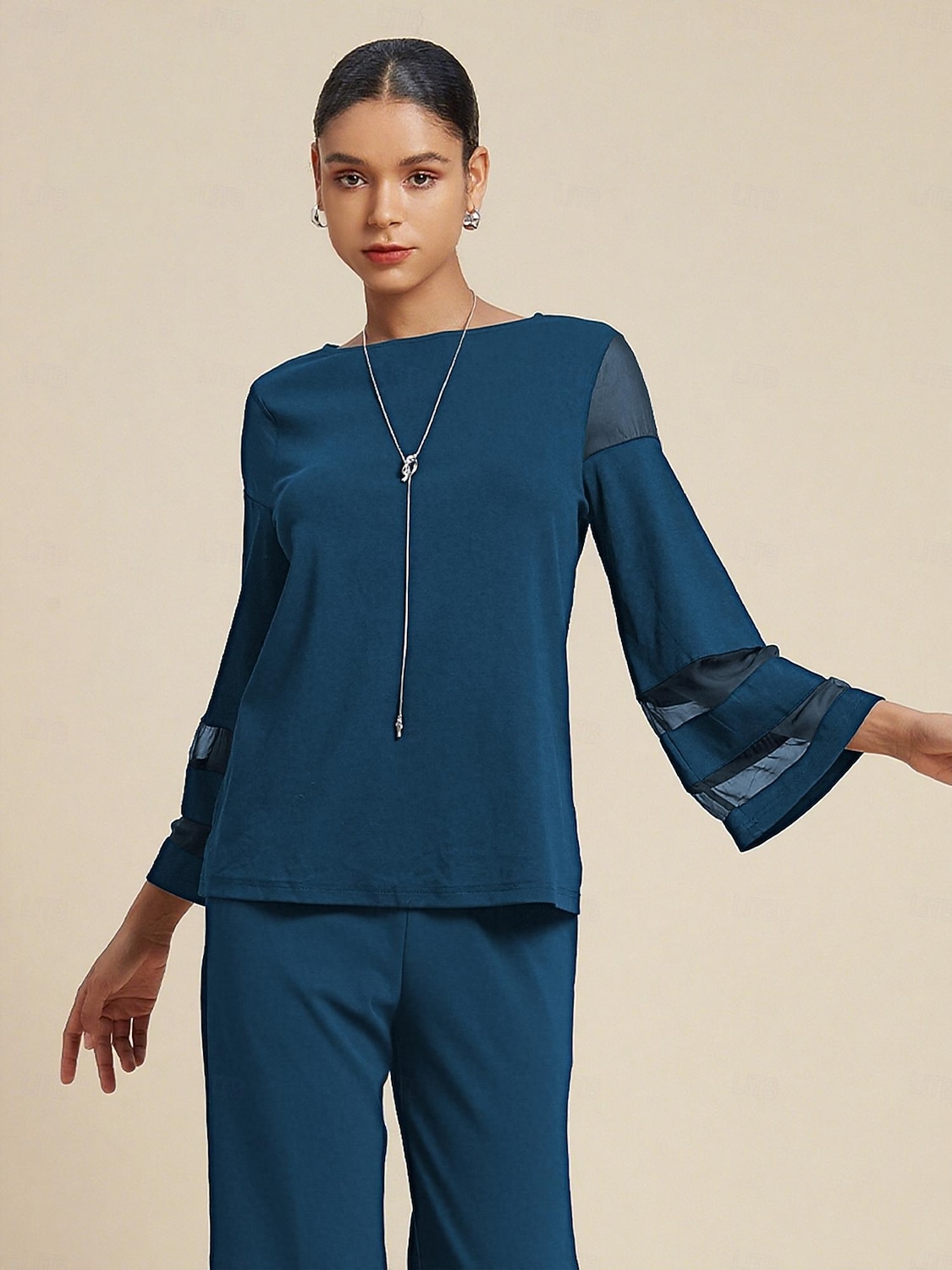 Elegant påfuglblå modaltopp for kvinner med stretch og gjennomsiktige chiffongermer i kraftig tykkelse 2025 - $61.99 –P1