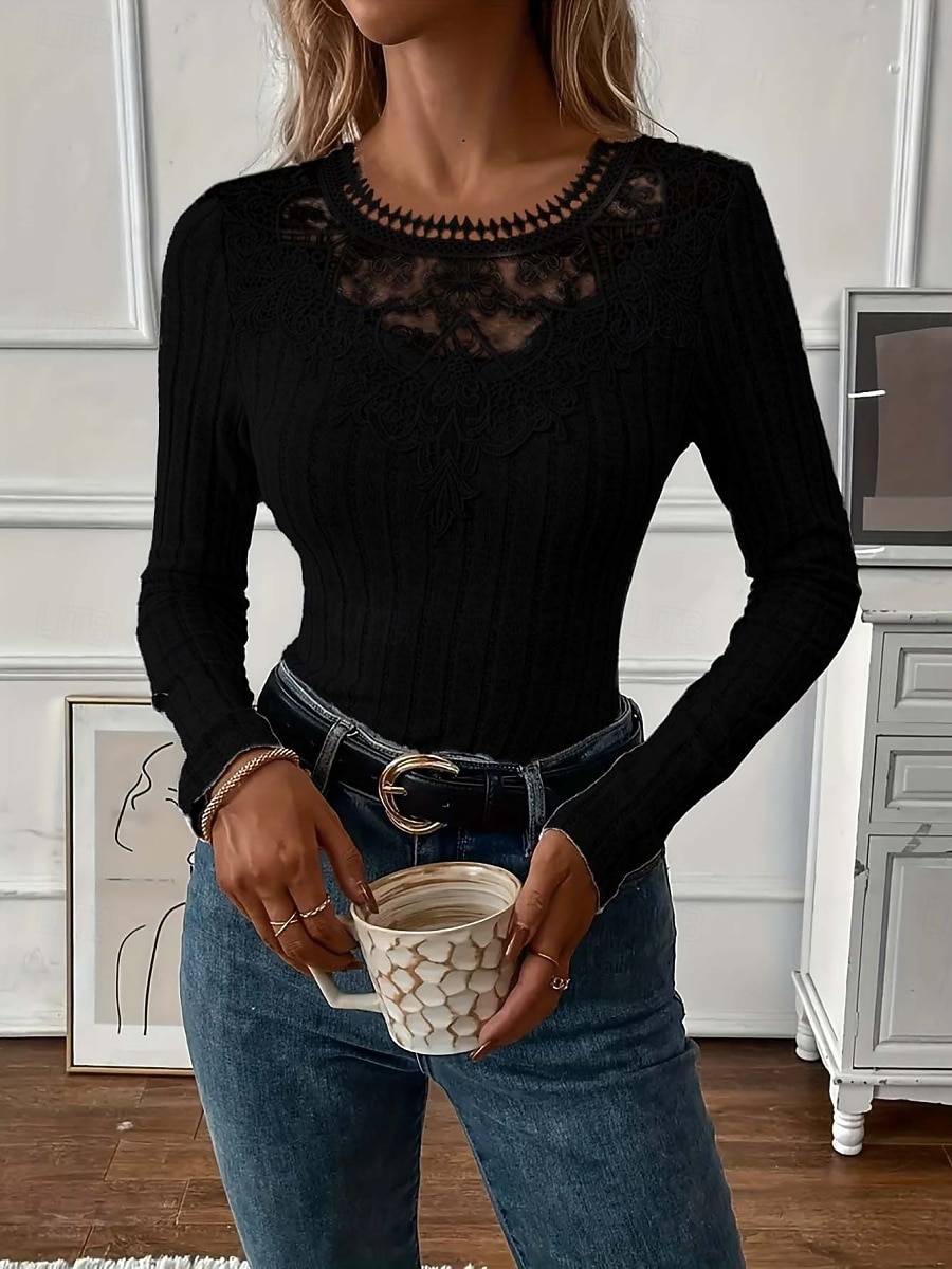 Per donna Blusa Pizzo Patchwork Tinta unica Elegante Essenziale Casual Manica Lunga Girocollo Top Regolari Quotidiano Nero Bianco Rosa Viola Grigio Primavera Autunno Inverno del 2026 a $21.99 –P10
