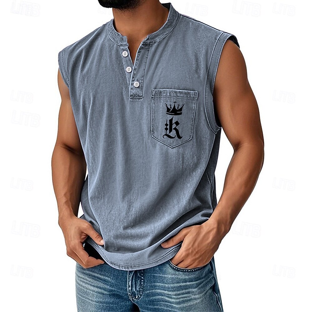 2026年 男性用 ベストトップ アンダーシャツ ノースリーブシャツ ノースリーブ ヘンリー オールシーズン レタード ファッション デザイナー ポケット 色褪せた バケーション ストリート お出かけ ブラック ピンク ダークネイビー メンズトップTシャツ  コレクション – $39.99 –P5