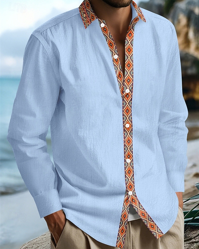 Herren Hemd Sommerhemd Freizeithemd Strandhemd Knopfhemd Schwarz Weiß Marineblau Kaki Leicht Blau Langarm Argyle Revers Urlaub Hawaiianisch Patchwork Bekleidung Leinen Mode Lässig Bequem 2025 - $22.99 –P8