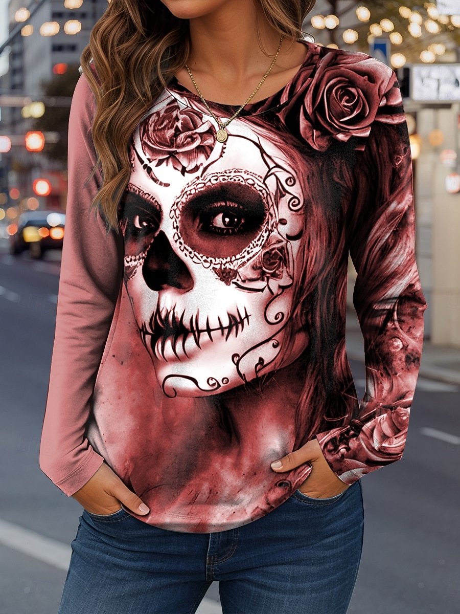 Camiseta Feminina de Halloween Gráfica de Caveiras Moda Casual Manga Longa Gola Redonda Tops Regulares Diário Fim de Semana Impressão Vermelho Azul Roxo Verde Caqui Primavera Outono Inverno de 2026 por $24.99 –P5