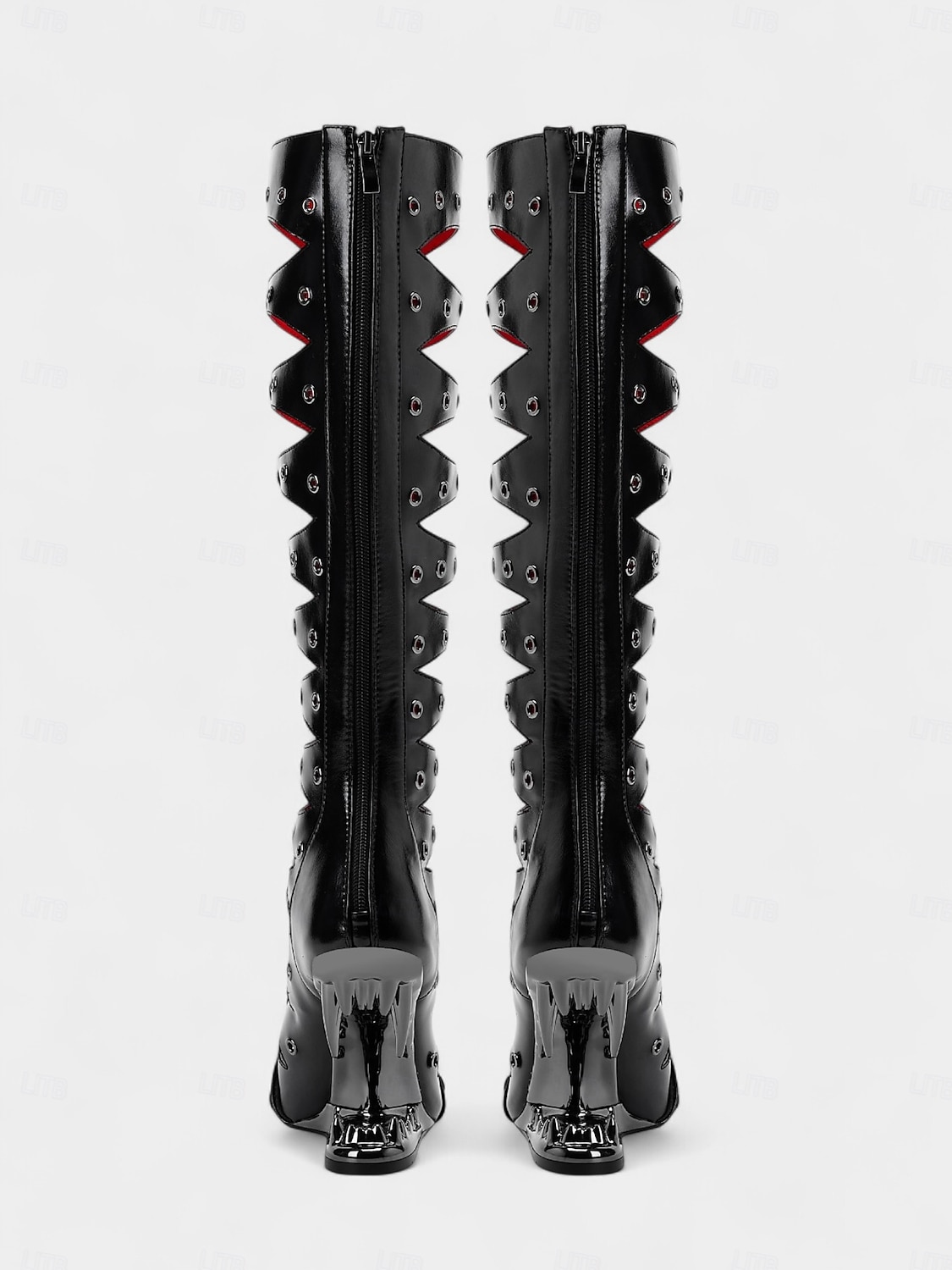 Women's Gothic Cutout Knee-High Heels with Spiked Sculptural Wedge - Black Punk Fetish Boots for Halloween, Cosplay and Alternative Fashion Parties 2026 - $129.99 –P5
