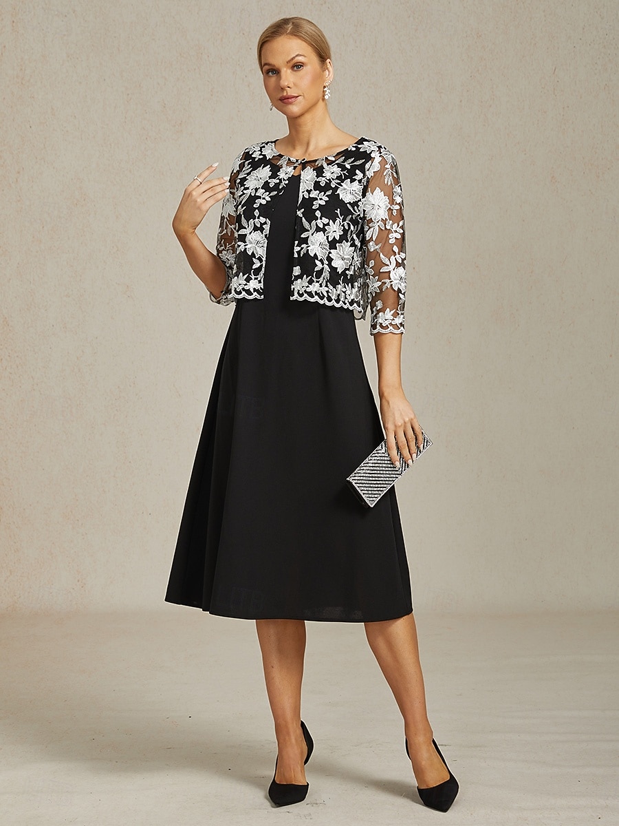 Dam Kavaj Lättvikt Spets Broderad Elegant Blommig Formell Kort Rund halsringning Normal 3/4 ärm Ytterkläder Svart Sommar Vår 2025 - $49.99 –P3