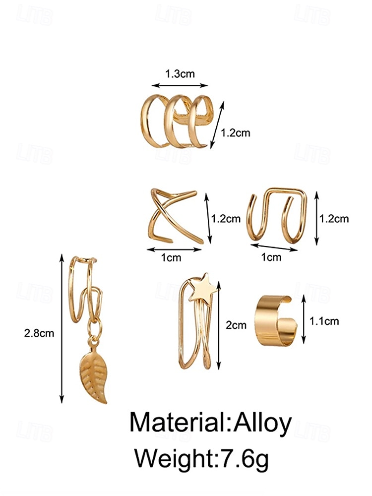 Женский комплект из золотых и серебряных сережек-каффов – серьги-клипсы без пирсинга с рисунком в виде звезд и листьев, модные украшения в стиле панк для вечеринок и повседневной носки 2026 - $7.99 –P7