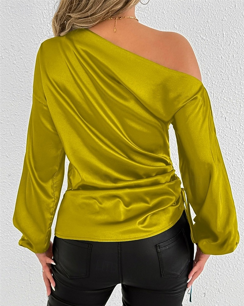 Dames Overhemd Satijnen overhemd Effen Kleur Stijlvol Casual Lange mouw koude schouder Normale tops Dagelijks Uitgaan Asymmetrisch Geel Bruin Lente Herfst 2025 - $24.99 –P8