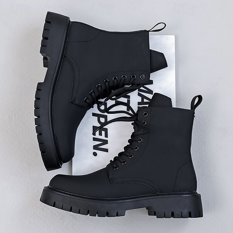 Svarte herrestøvler med snøring og glidelås på siden til kamp, slitesterkt kunstskinn, militærinspirert stil for utendørs-, arbeids- og streetwear-mote 2025 - $59.99 –P17
