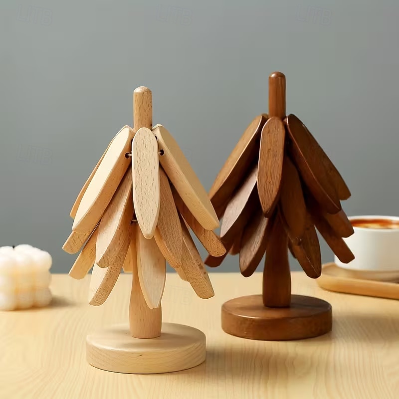 ensemble de dessous de plat en bois naturel, 3/4/5 dessous de plat en bois &1 support comme un sapin de Noël, dessous de plat de cuisine pliable naturel pour casseroles, poêles, bols &théières de 2025 ? $12.99 –P7