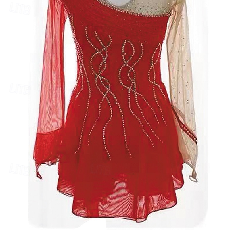 Kjole til kunstløp Dame Jente Skøyteløp Kjoler Rød Lapper Tommelhull Netting Spandex Elastisk Trening Profesjonell Konkurranse Skøyteklær Hold Varm Krystall / Rhinstein Langermet Skøyting Kunstløp 2025 - $257.69 –P3