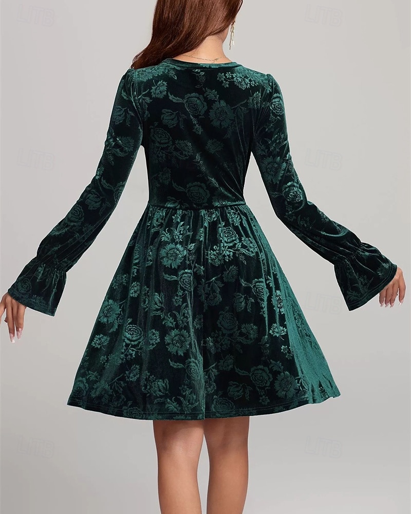 Per donna Abito Midi Abito in Velluto Abito da Cocktail Elegante Moda Moderno Quotidiano All'aperto Festa serale Vestibilità regolare Floreale Semplice Manica Lunga Girocollo Verde scuro Primavera del 2026 a $34.99 –P4
