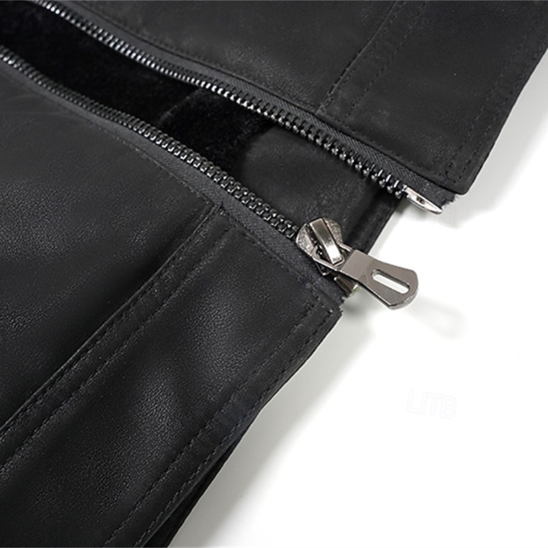 Men's Faux Leather Jacket Fleece Jacket Biker Jacket Motorcycle Jacket Vacation Daily Windproof Warm Patchwork Pocket Fall Winter Stripes Fashion Classic Stand Collar Regular Black Jacket 2026 - $82.99 –P11