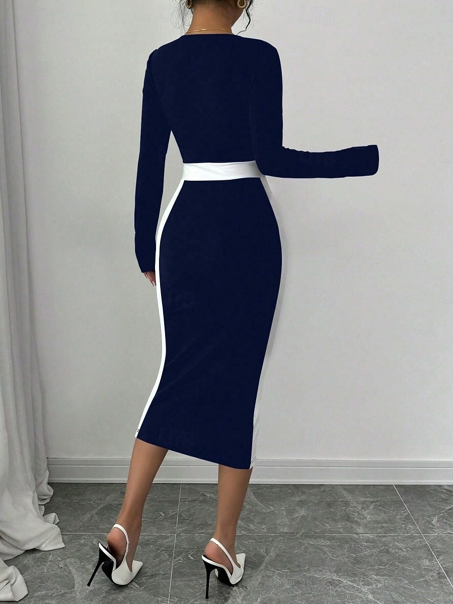 Dam Midiklänning Sheath Dress Ledigt Helgdag Utekväll Normal Randig Långärmad Fyrkantig hals Svart Fuchsia Mörkblå Vår Höst Vinter 2025 - $29.99 –P7