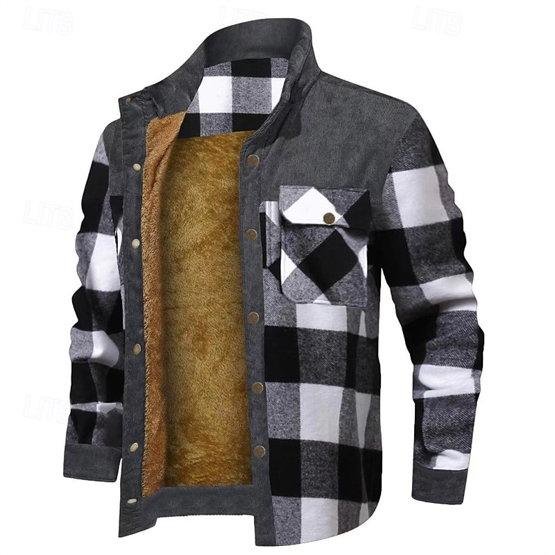 Homens Casaco puffer Jaqueta de Camisa Casaco de lã Jaqueta casual Férias Diário Térmico / Quente Bolsos Tosão Outono Inverno Xadrez Moda Roupa de rua Colarinho Chinês Padrão Preto Vermelho Verde de 2025 por $62.99 –P3