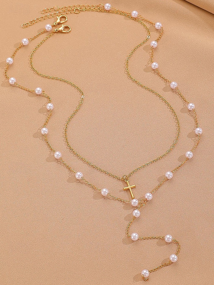 Collar de cruz navideña para mujer, cadena de oro en capas con colgante de perla y diamantes de imitación, elegante joyería navideña para fiestas, bodas y regalos. 2026 - $5.99 –P12