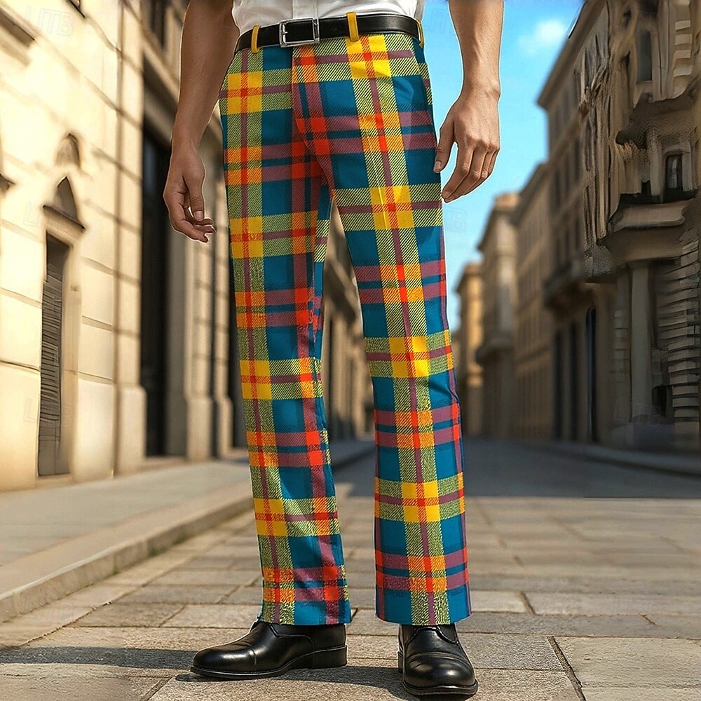 Men's Geometric Grid / Plaid Dress Pants Trousers Casual Pants Mid Waist Casual Formal Vacation Daily Summer Spring Fall 3D Print Blue Dark Green Green 2026 - $31.99 –P1