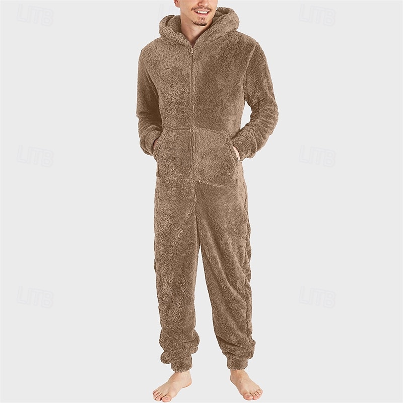 Men's Loungewear Bodysuits Sleepwear 1 PC Plain Warm Fashion Stylish Home Daily Bed Sherpa Polar Fleece Thermal Warm Comfort Soft Hoodie Long Sleeve Pocket Fall Winter Light Pink Black 2026 - $46.99 –P5