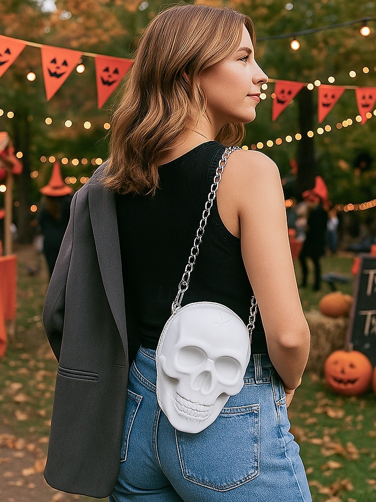 Dámská halloweenská crossbody kabelka s motivem lebky a řetízkem, 3D kostra přes rameno, gotická párty psací kabelka na kostýmy, cosplay a noční život. 2025 - $18.99 –P1