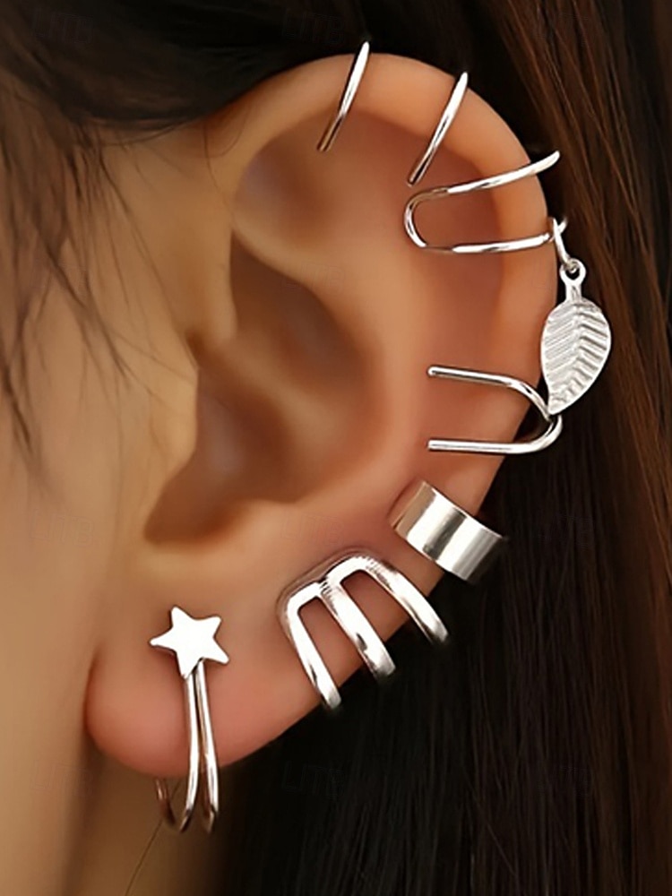 Женский комплект из золотых и серебряных сережек-каффов – серьги-клипсы без пирсинга с рисунком в виде звезд и листьев, модные украшения в стиле панк для вечеринок и повседневной носки 2026 - $7.99 –P4