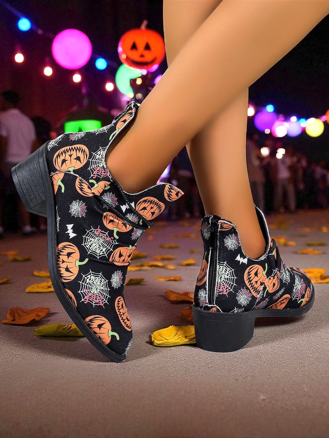 Women's Halloween Pumpkin and Spider Web Ankle Boots – Festive Low Heel Booties for Costume Party, Cosplay and Fall Fashion 2025 - $32.99 –P3