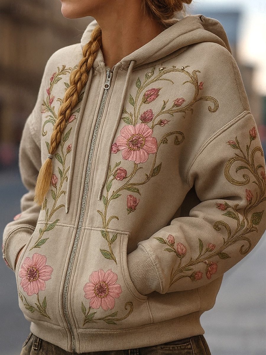Femmes Sweats à capuche zippés Fleuri Graphique Élégant Chaud ancien manche longue À capuche Hauts Réguliers Rue Tenue Quotidienne Patchwork Fermeture éclair Avec Poches Vert Kaki Printemps Automne de 2025 ? $31.99 –P1