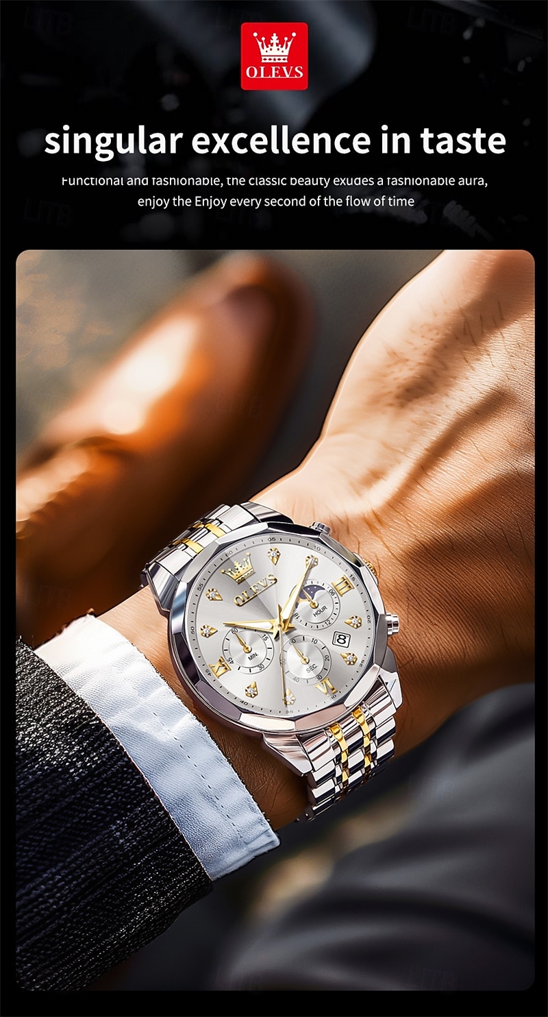 The New Olevs Men'S Business Watch With Luminous Calendar Small Three-Hand Moon Phase Display Multi-Functional Quartz Watch Waterproof Casual And Fashionable Men'S Sports Wristwatch 2025 - $34.99 –P13