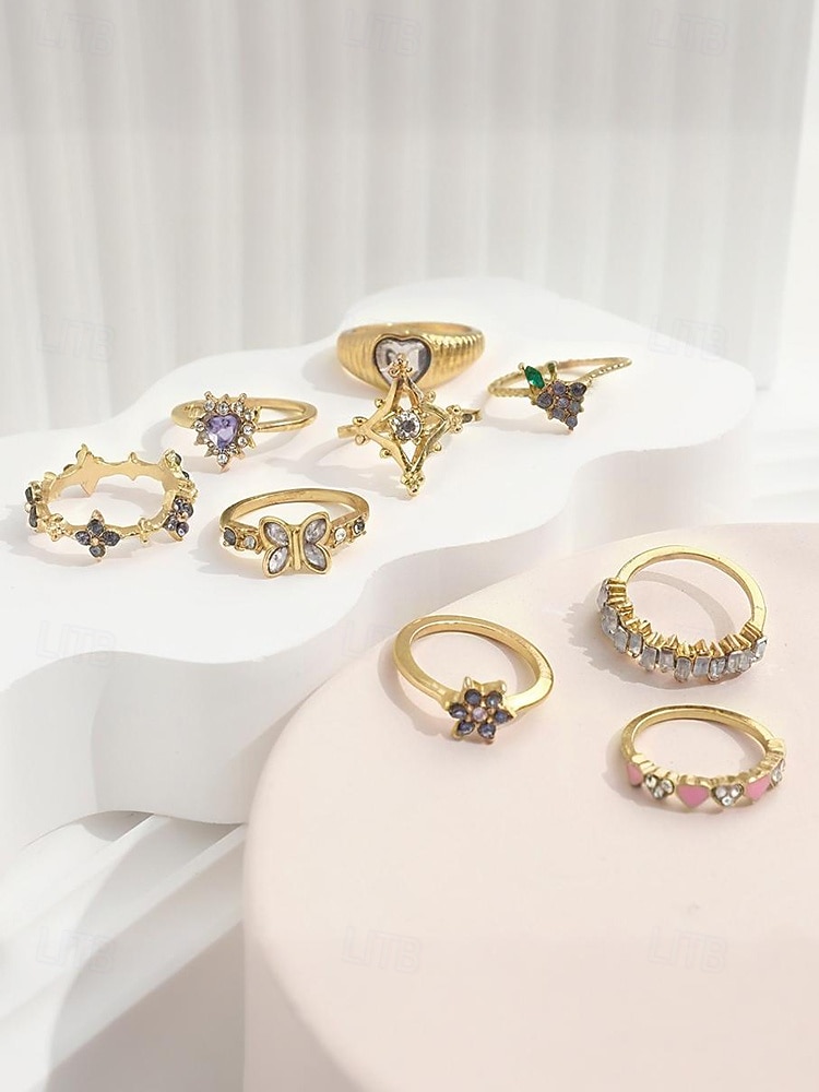 Women's Alloy Ring Set with Heart, Butterfly, and Star Designs, Fashion Boho Stackable Rings for Parties, Weddings and Everyday Wear 2025 - $11.99 –P5