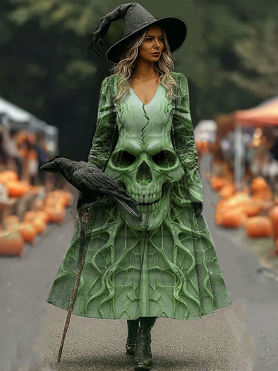 Halloween Per donna Abito Midi Abito a trapezio Vacanza Casual Quotidiano Ferie Data Vestibilità regolare Grafico Teschio Manica Lunga Scollo a V Giallo Chiaro Blu Viola Verde Autunno Inverno del 2025 a $35.99 –P4