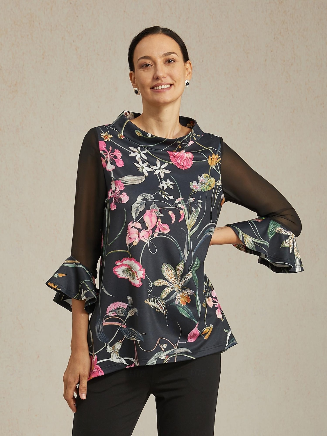 Damenbluse schwarz Blumendruck Stretch Chiffon Ärmel Bateau-Ausschnitt lässig täglich Frühling Sommer Herbst 2025 - $61.99 –P2
