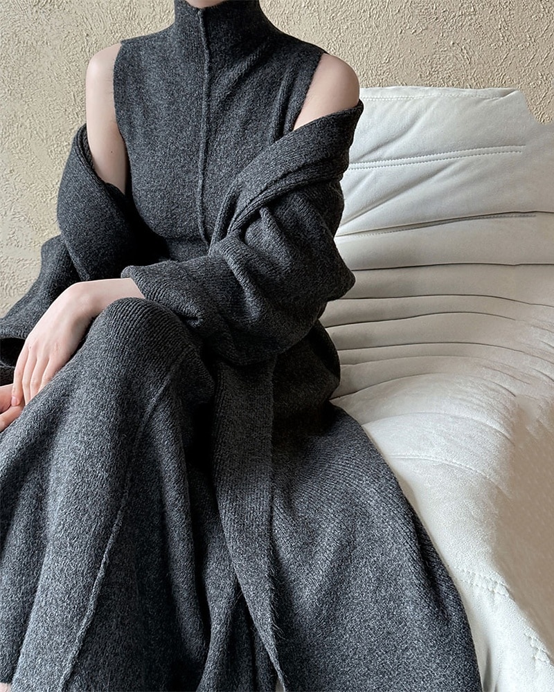 Damen Langes Kleid Maxikleid Pulloverkleid Strickkleid Freizeitkleid Kleid-Set Elegant Mode Modern Outdoor Täglich Ausgehen Normale Passform Einfach Langarm Rollkragen Stehkragen Dunkelgray Winter 2025 - $56.99 –P3