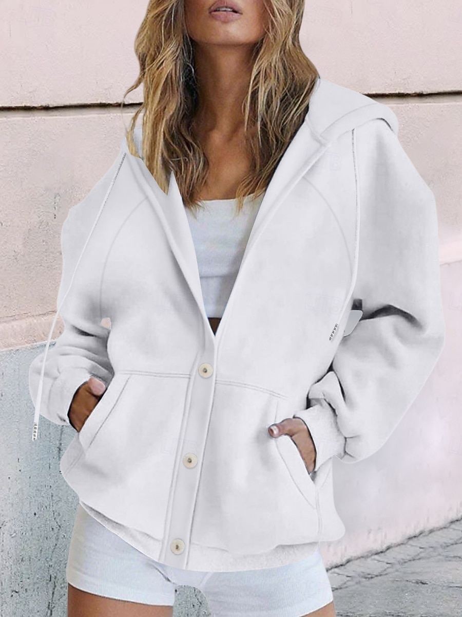 Mulheres Casaco com capuz Confortável Respirável Bolsos Botões Casual Tecido Férias Rua Casual Roupa Diária Não Trespassado Padrão Com Capuz Normal Manga Longa agasalhos Branco Amarelo Azul Primavera de 2026 por $28.99 –P14