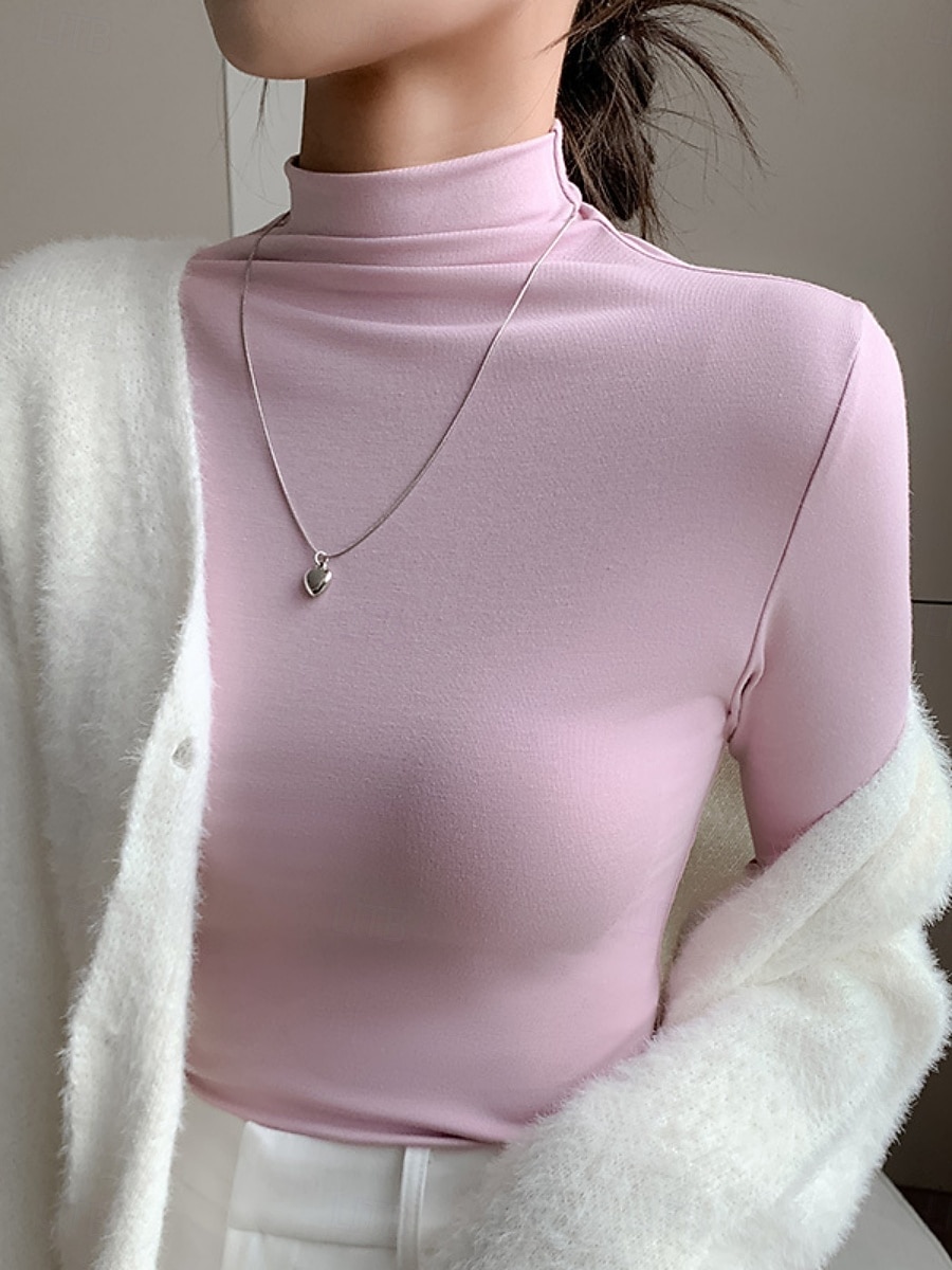 Per donna Blusa Tinta unica Elegante Essenziale Casual Manica Lunga Dolcevita Top Regolari Quotidiano Nero Bianco Rosa Marrone Beige Primavera Autunno Inverno del 2025 a $16.99 –P5