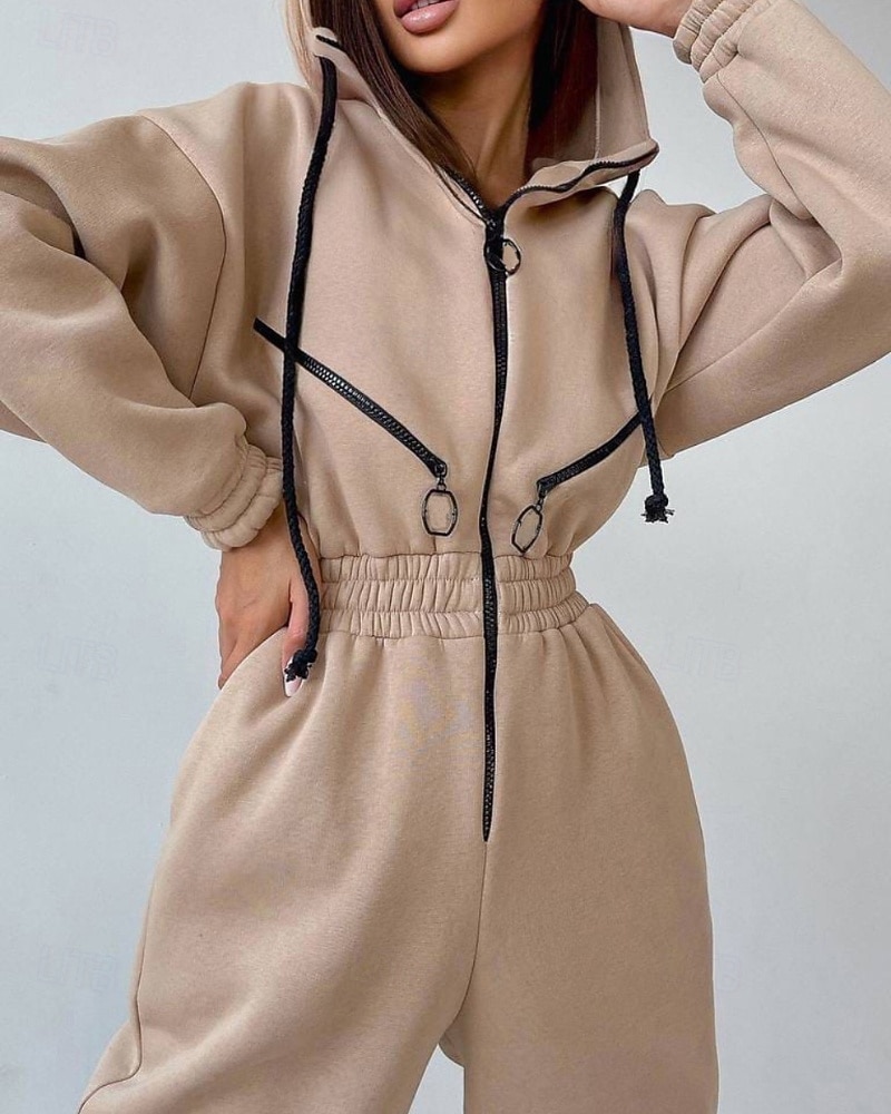 Női Szabályos Jumpsuitek Utcai sikk Színes Hosszú ujj Kapucni Kollázs Cipzár Utca Napi Normál Fehér Arcpír rózsaszín Medence Ősz 2025 - $27.99 –P2