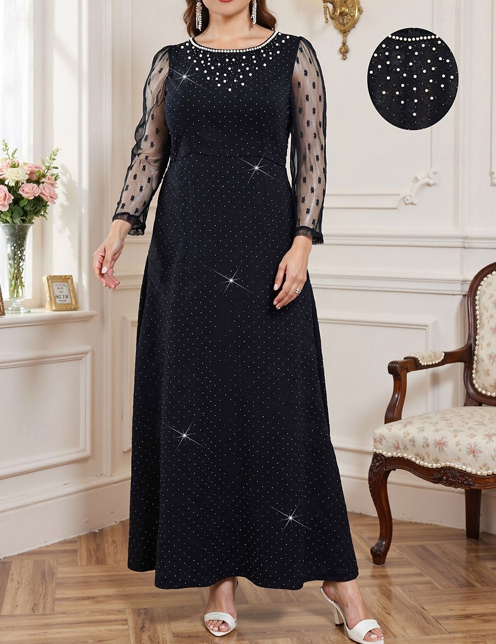 A-Linie Brautmutterkleid Übergröße Glanz & Glamour Rundhalsausschnitt Knöchellänge Chiffon Polyester Langarm mit Perlen 2025 - $74.99 –P4