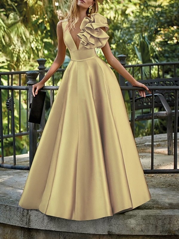 Beach Wedding A-Line Gold Evening Gown Elegant Dress Formal