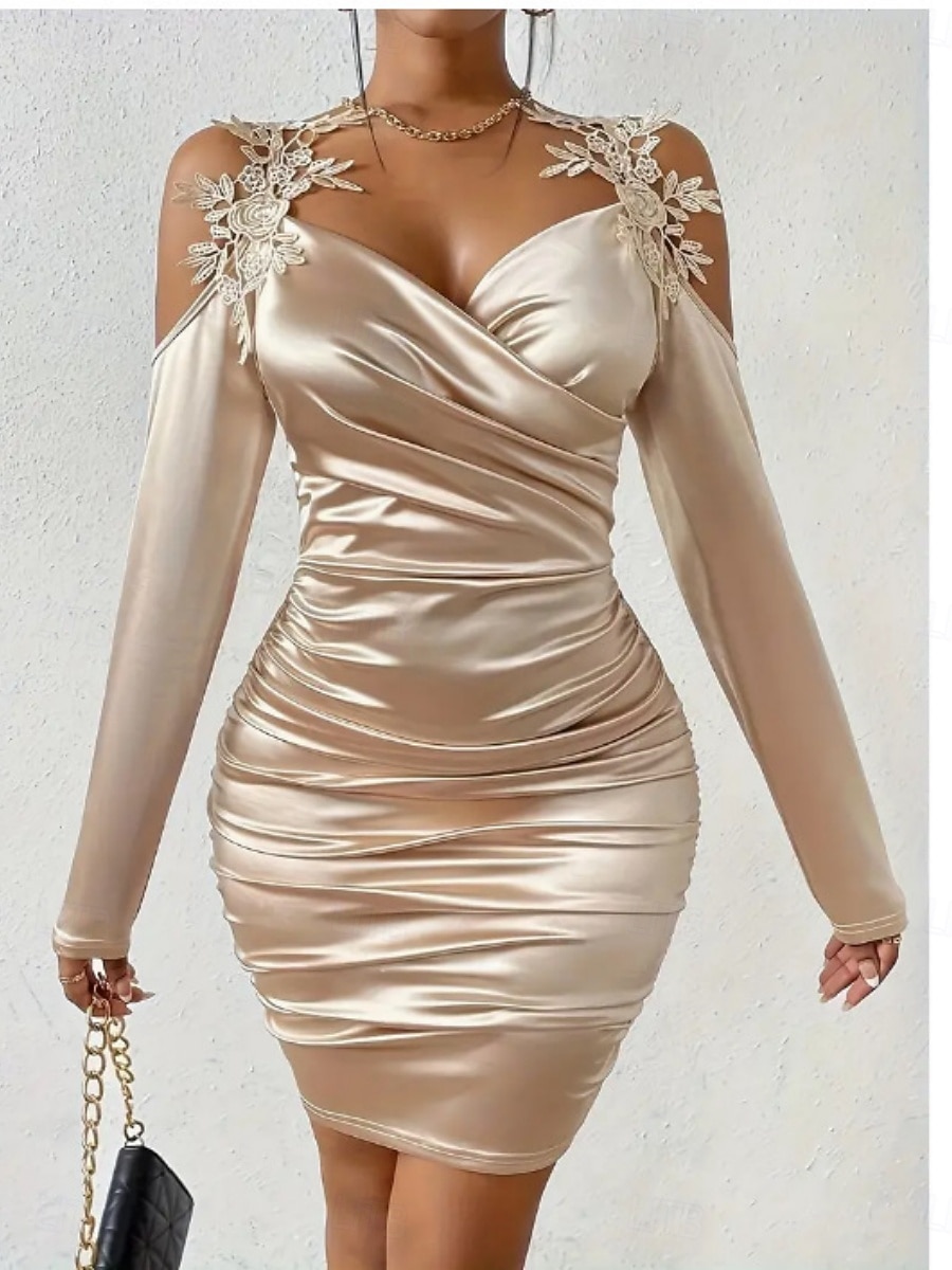 Valentine's Day Women's Mini Dress Sheath Dress Off The Shoulder Dress Elegant Party Cocktail Outdoor Party Wedding Guest Ruched Regular Fit Solid Color Long Sleeve Strap Black Red Beige 2026 - $34.99 –P1