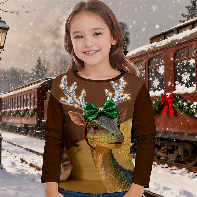 Christmas Girls' 3D Deer T shirt Tee Long Sleeve Spring Fall Fashion Basic Kids 4-12 Years Crew Neck Outdoor Casual Daily Regular Fit 2026 - $13.99 –P1