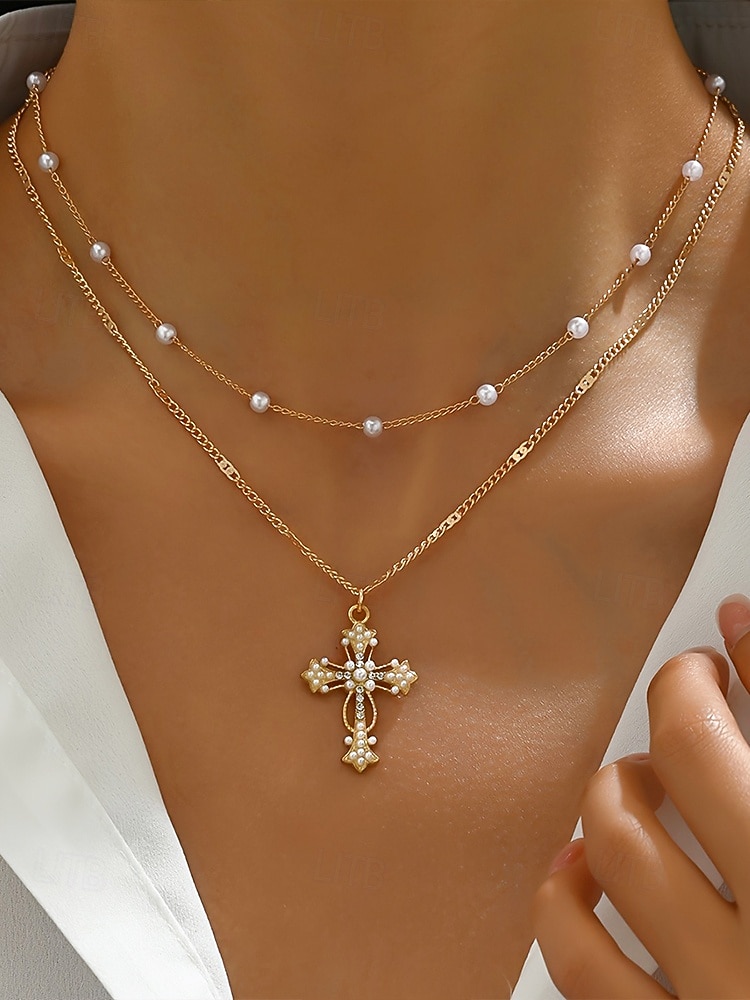 Collar de cruz navideña para mujer, cadena de oro en capas con colgante de perla y diamantes de imitación, elegante joyería navideña para fiestas, bodas y regalos. 2026 - $5.99 –P1