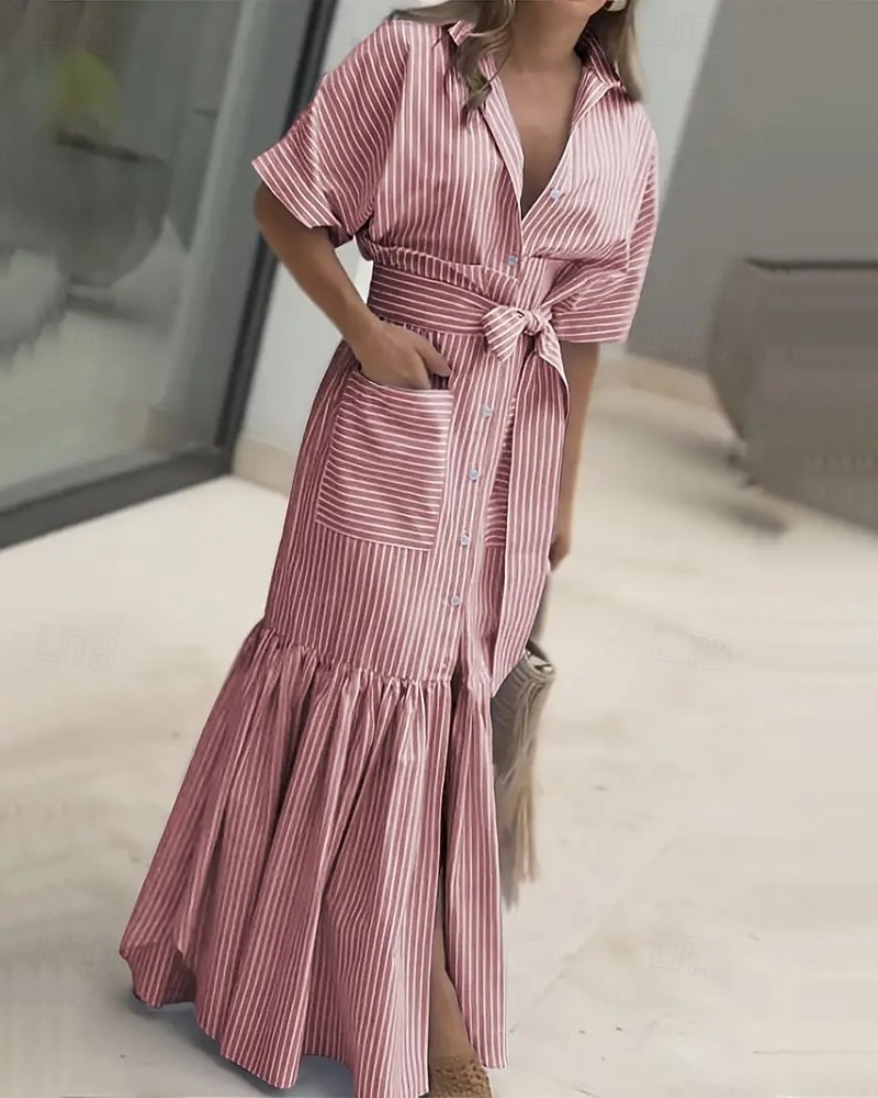 Per donna Abito Lungo Maxi Abito Abito Camicia Moderno Quotidiano All'aperto Vacanza Vestibilità regolare A righe Manica Corta Girocollo Colletto a Camicia Blu Magenta Nero Rosa Primavera Autunno del 2026 a $29.99 –P12