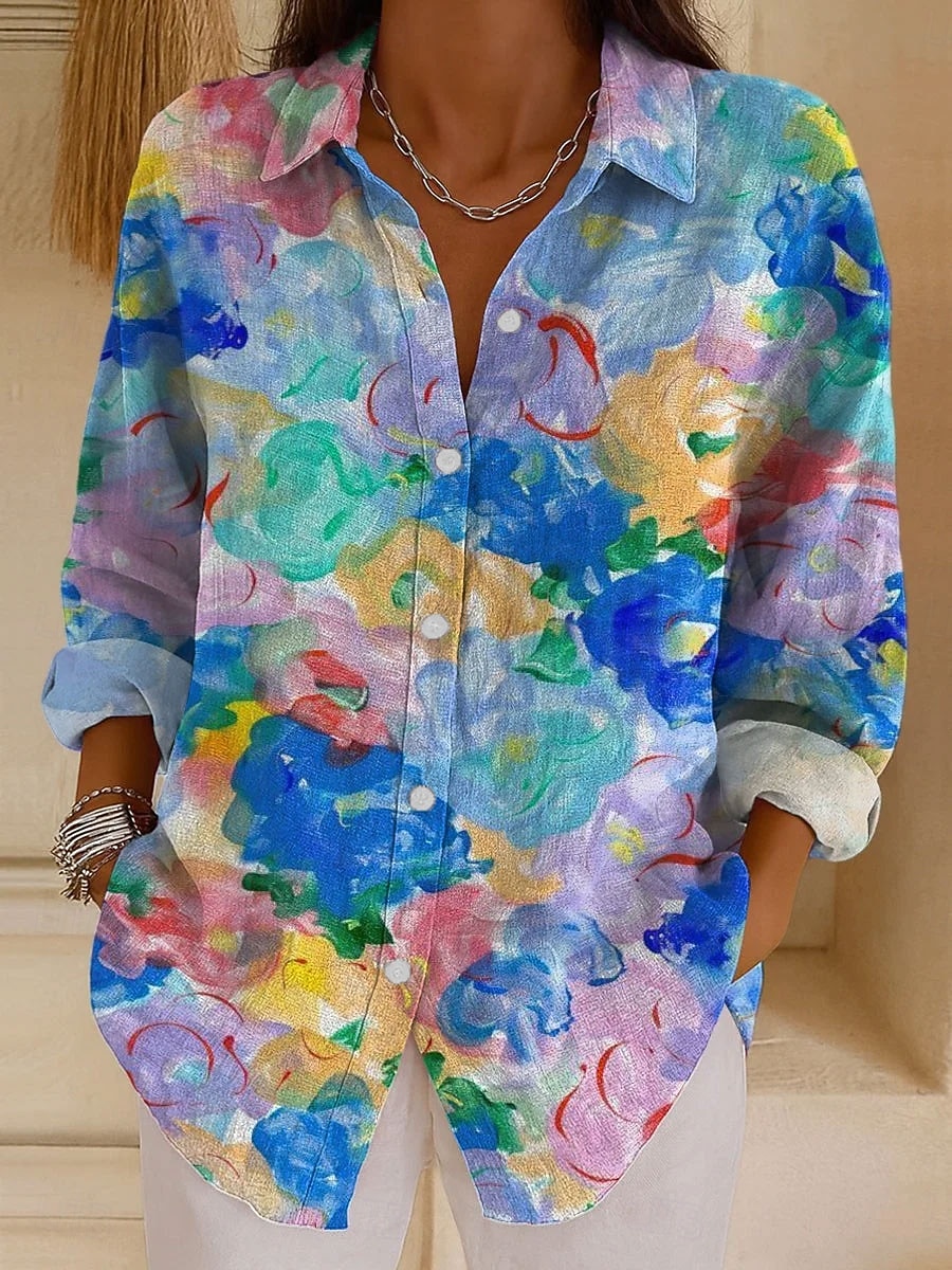 Camicia da donna in lino come traspirante leggera grafica geometrica vintage tropicale quotidiana a maniche lunghe colletto regular top quotidiano stampa rosa blu arancione verde primavera autunno del 2026 a $36.99 –P3
