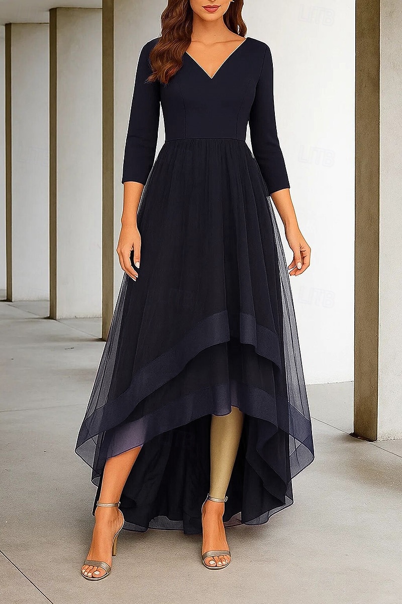 High-Low-Kleid Brautkleider A-Linie V-Ausschnitt 3/4-Ärmel Teelänge Stretchstoff Brautkleider mit Rüschen 2025 2025 - $144.99 –P5