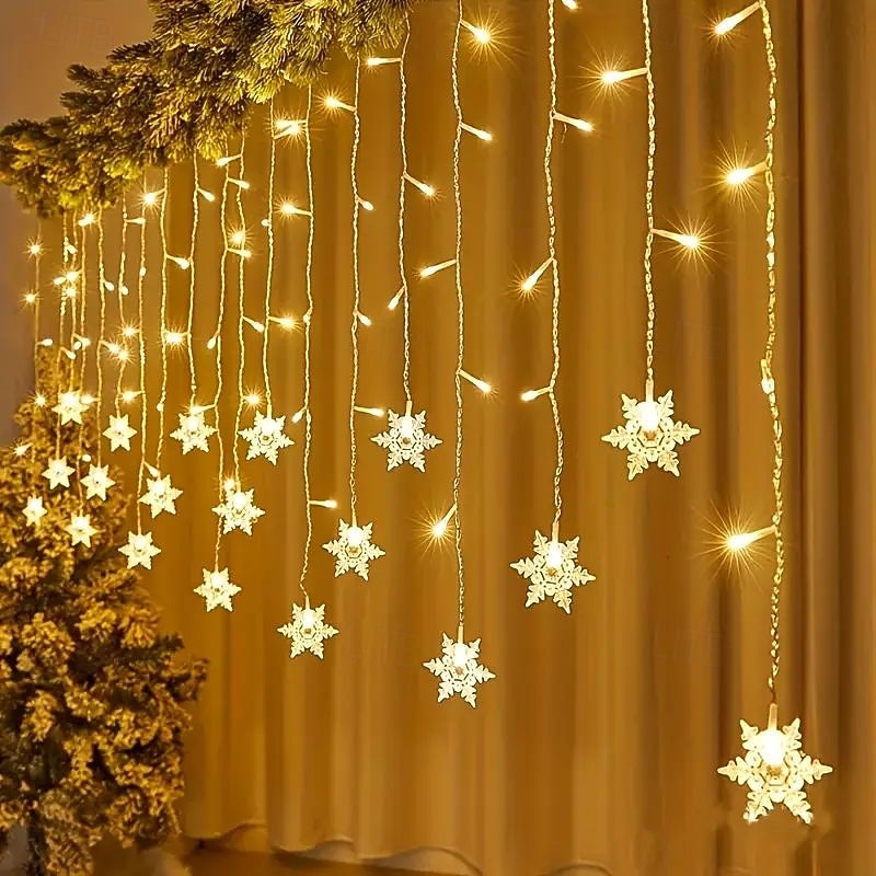 96LED Snowflake Curtain Lights 3.5m 8 Modes Lighting for Thanksgiving New Year Valentine's Day Home Balcony Living Room Garden Porch Atmosphere Decoration 2026 - $17.99 –P3