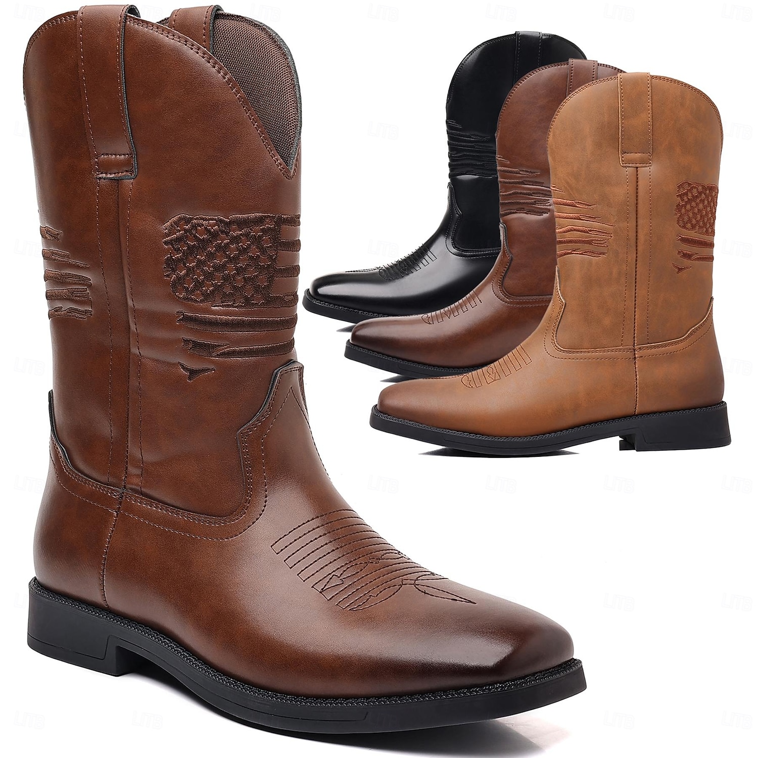 stivali da lavoro da cowboy da uomo con bandiera americana in rilievo - stivali western in similpelle marrone resistente con suola robusta per abbigliamento casual e all'aperto del 2025 a $69.99 –P3