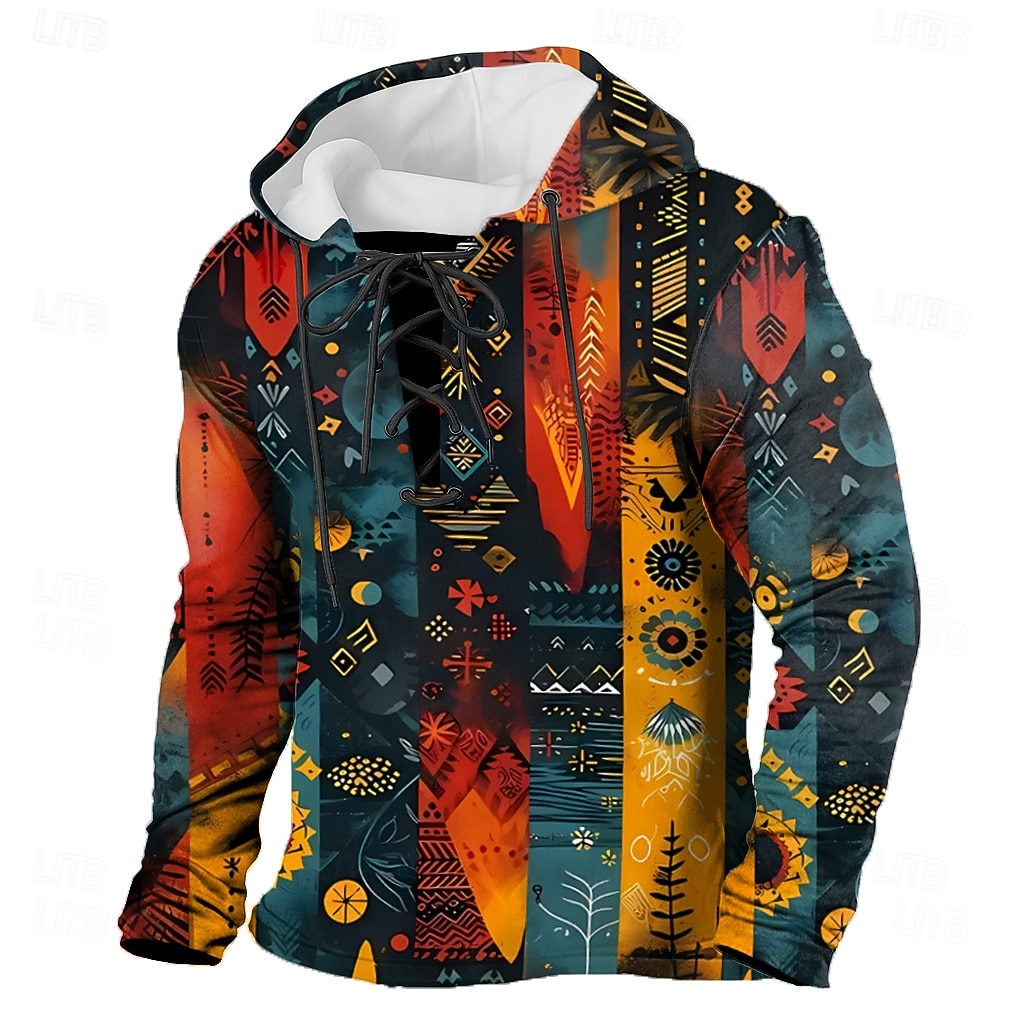 Herren Patchwork Stammes Kapuzensweatshirt Pullover Mode Ethnisch Vintage-Retro Langarm Mit Kapuze Heim Outdoor Gelb Rote Purpur Kordelzug Herbst Winter Designer S M L XL XXL XXXL 2026 - $28.99 –P1