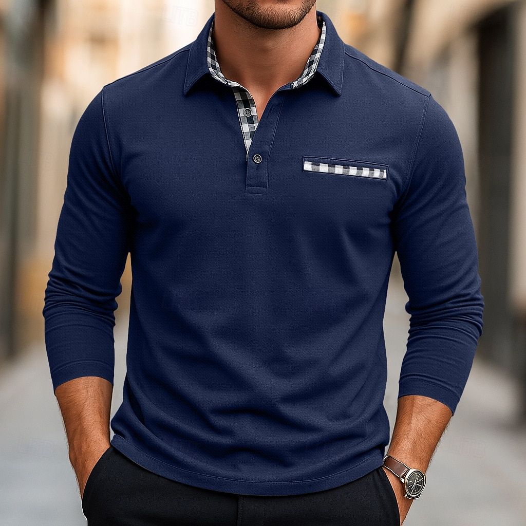 Herren Golfshirt Piqué-Poloshirt Urlaub Arbeit Umlegekragen Langarm Mode Basic Einfarbig Karomuster Kariert Knöpfe Sommer Frühling Herbst Normale Passform Schwarz Weiß Gelb Marineblau Golfshirt 2025 - $27.99 –P5