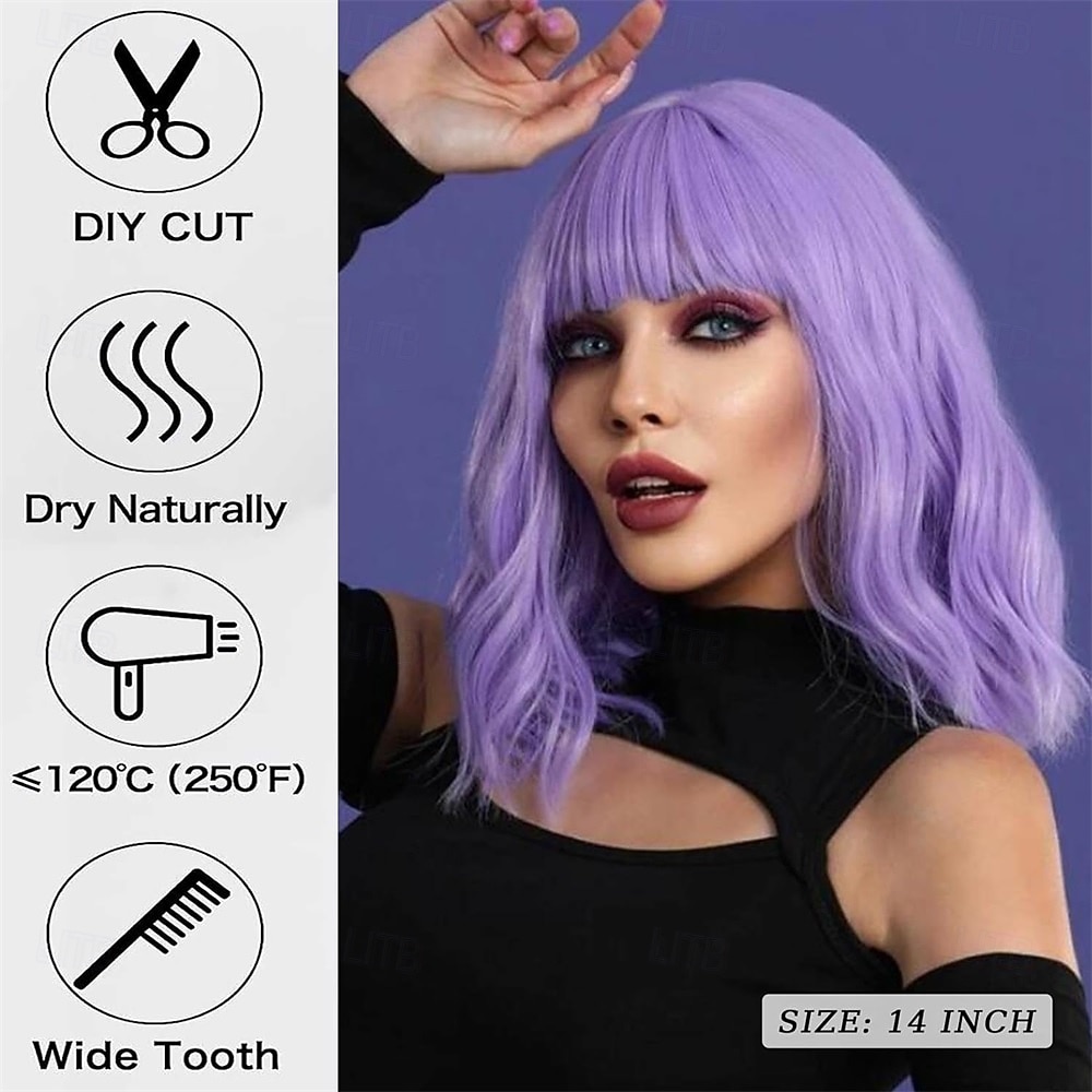 Purple Wig with Bangs Soft Short Bob Wavy Wigs for Women Synthetic Shoulder Length Women's Curly Wigs for Halloween Costumes Cosplay Daily 2026 - $21.99 –P4