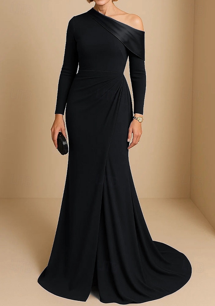 A-Line Sheath Column Sweep Brush Train Prom Dresses Evening Gown Ball Gown Formal Dress Elegant Glittering Celebrity Style Long Sleeve One Shoulder Garden Party Wedding Satin Stretch Satin with Ruched 2026 - $172.99 –P5