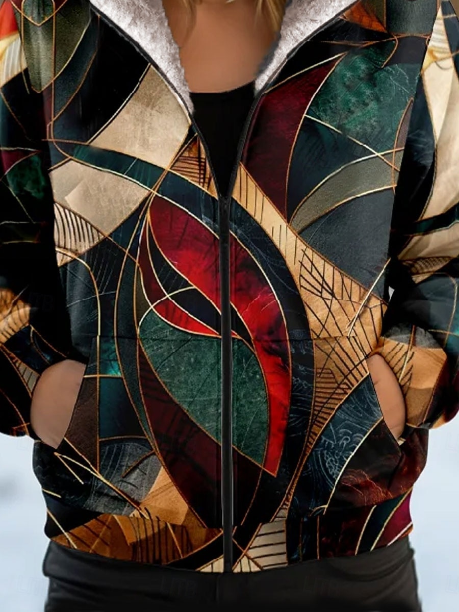 Mulheres Moletom com zíper Floral Gráfico Geométrica Moda Casual Manga Longa Com Capuz Tops regulares Rua Dia a Dia Casual Zíper Bolsos Imprimir Verde Primavera Outono Inverno de 2025 por $46.99 –P3