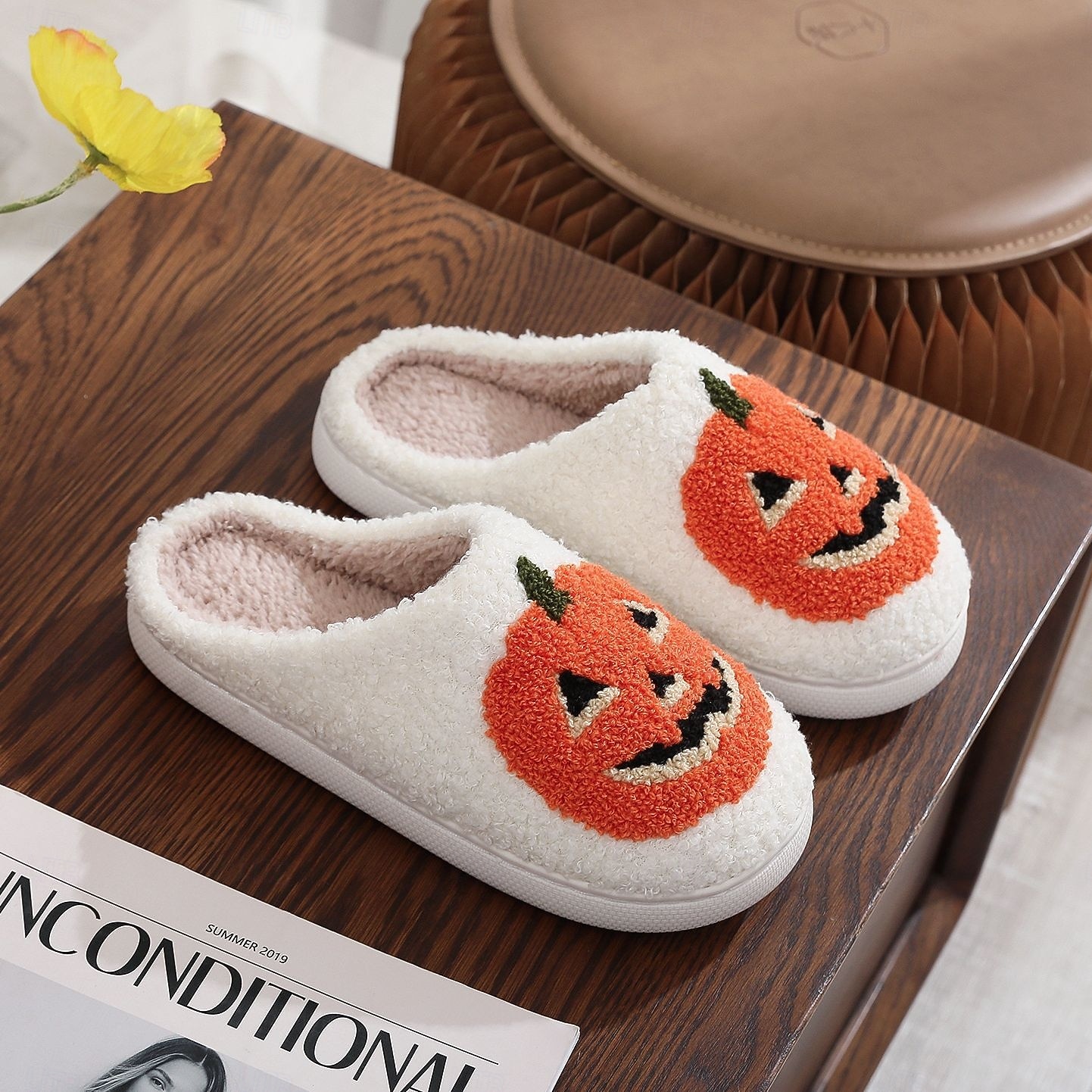útulné podzimní halloweenské pantofle, roztomilé kreslené dýňové plyšové domácí boty, vtipné chlupaté domácí pantofle, teplé zimní domácí pantofle pro ženy a muže 2025 - $13.99 –P10