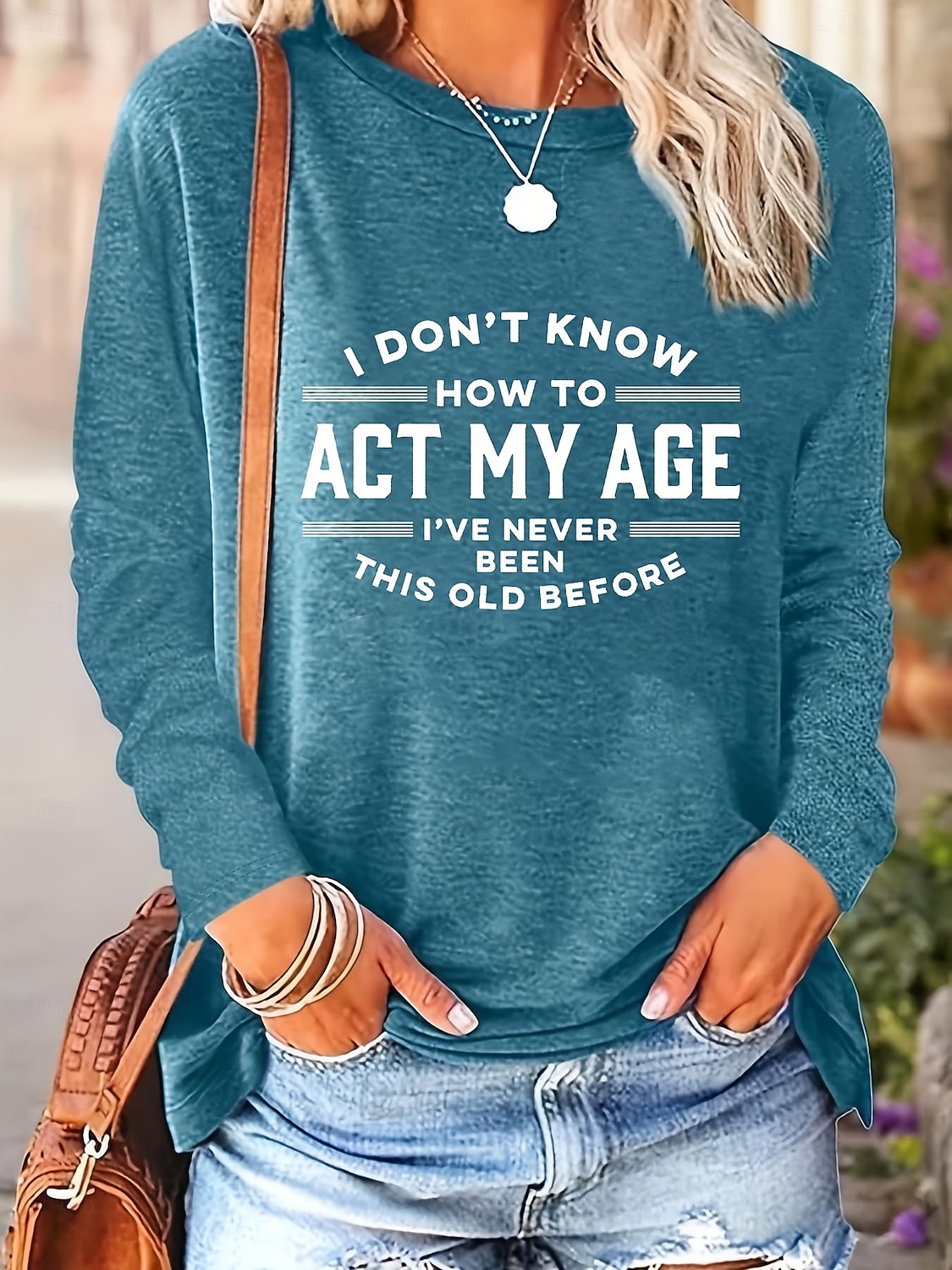 2026年 女性用 Tシャツ プリント グラフィック レタード ヴィンテージ ファッション スタイリッシュ 長袖 クルーネック レギュラートップス 日常 週末 ブルー ネイビーブルー グレー 春 秋  コレクション – $24.99 –P4